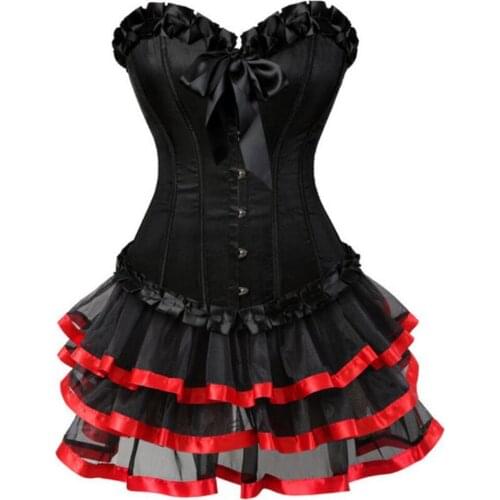 Ruffles Lace Corsets Bustiers And Skirt Tutu Set For Women Plus Size Vintage Sexy Corsets Dress Gothic Satin Overbust Corselet