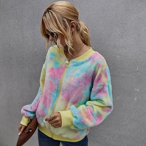Winter Tie-dye Contrast Casual Plush Jacket Tops O-Neck Long Sleeve Fashion All-match Zip Up Women Warm Outwear Tops Streetwear