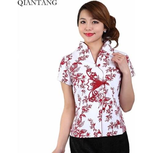 Hot Sale Red Traditional Chinese Blouse Women Cotton Shirt Top V-Neck Short Sleeves Clothing Size S M L XL XXL XXXL Mnys00B