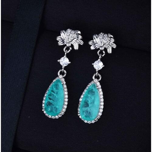 Fashion Flower Earrings Dangle Water Drop Paraiba Tourmaline Stone Vintage Luxury Jewelry For Women Engagement Anniversary Gift
