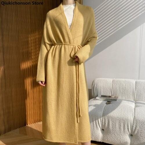 Thick Long Sweater Cardigan Women 2021 Autumn Winter Coat Batwing Sleeve Knitted Lacing Up Casual Ladies Long cardigan mujer