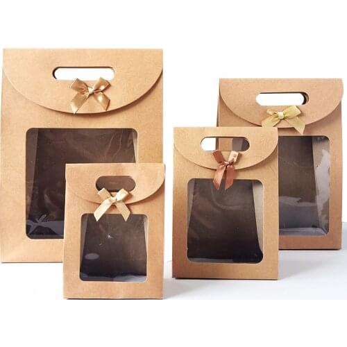 10pcs Kraft Paper Bags With Transparent Window For Wedding Birthday Home Party Packaging Gifts Candy Bread Baking Takeaway Bag