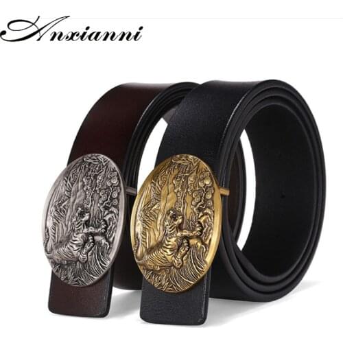 Mens Fashion Jeans Leather belt tiger head metal Tiger Alloy Smooth buckle male western cowboy style belt