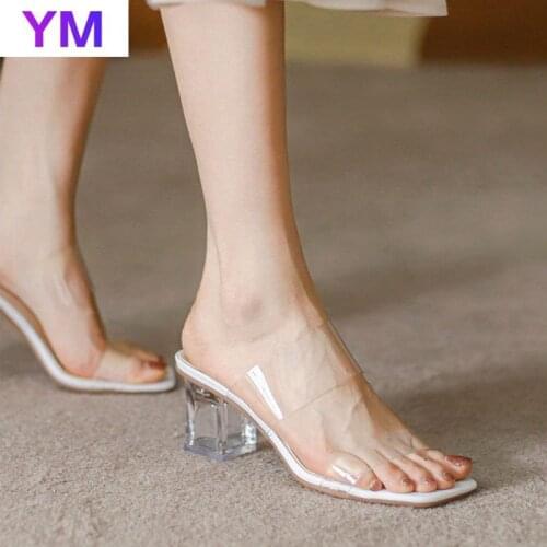 Apricot Sweet Fashion Woman Sandals Summer Beach Sandals Transparent PVC Clear Square Toe Slides Size Zapatillas Mujer Casa 41