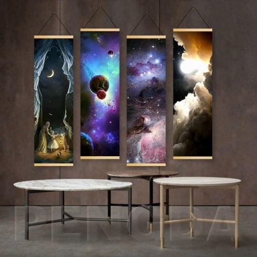 Modern Prints Wall Artwork Canvas Poster Space Sky Moon Scenery Pictures Painting Solid Wood Hanging Scrolls Home Art Decoration