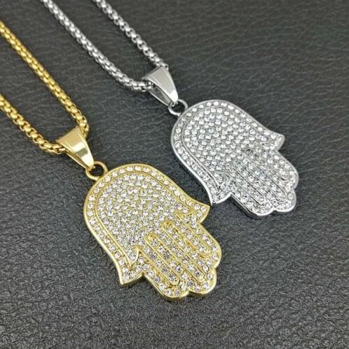 Hip Hop Rhinestones Paved Bling Iced Out Stainless Steel Fatima Hand Pendants Necklaces for Men Women Amulet Jewelry