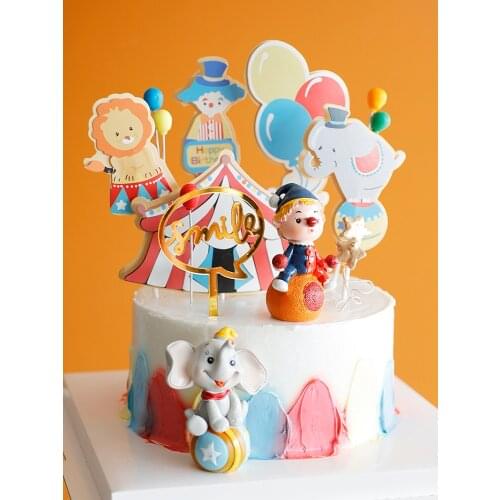 CakeTopper Baby Birthday Juggling Clown Doll Circus Elephant Show Cartoon Card Plug-in Desser birthday Party Decoration Supplies