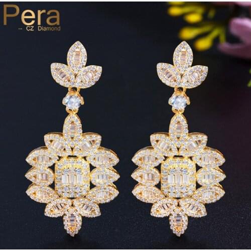 Pera Designer Big Leaf Shape Dangle Cubic Zirconia Dubai Gold Long Drop Earrings for Women Dinner Party Jewelry Accessories E648