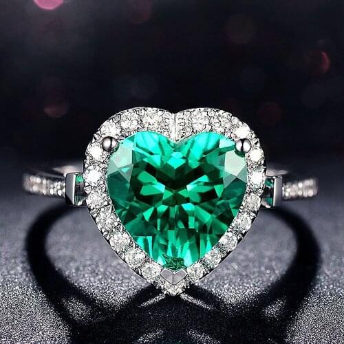 Fashion love heart green crystal emerald gemstones diamonds rings for women white gold silver color jewelry bague bijoux gifts