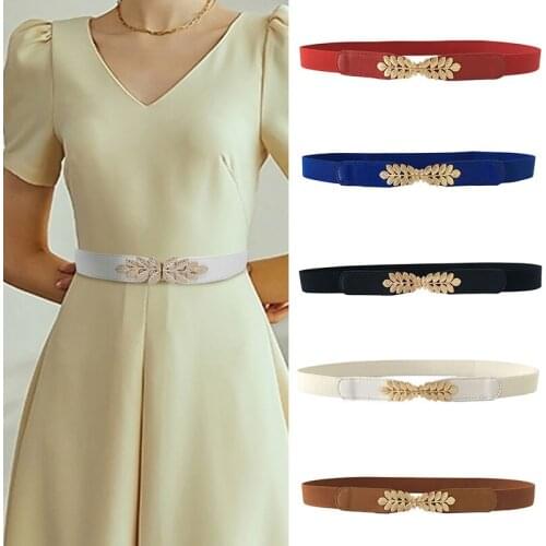 Women Belt Elastic Waistband Thin Stretch Wrap Buckle Waist Belt Elegant Cummerbunds Fashion Leaf Belt for Dress Accessories