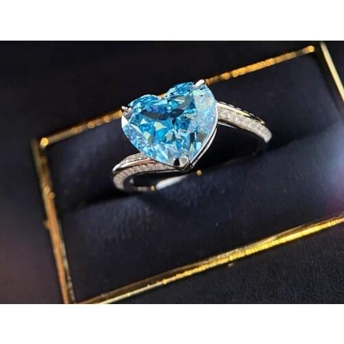 Aqua Blue Zircon Big Stone Ring Luxury Crystal Love Heart Rings For Women Wedding Jewelry Vintage Silver Color Ring Couple Gifts