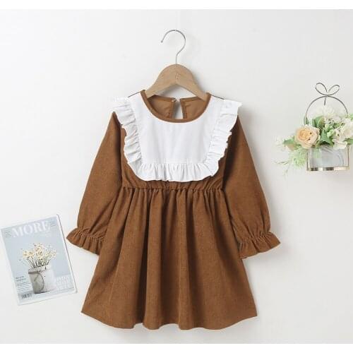 Winter 2021 Girls Dress Girls Long Sleeve O Neck Patchwork Brown Casual Cute Streetwear Dresses Vestidos 18M-6T