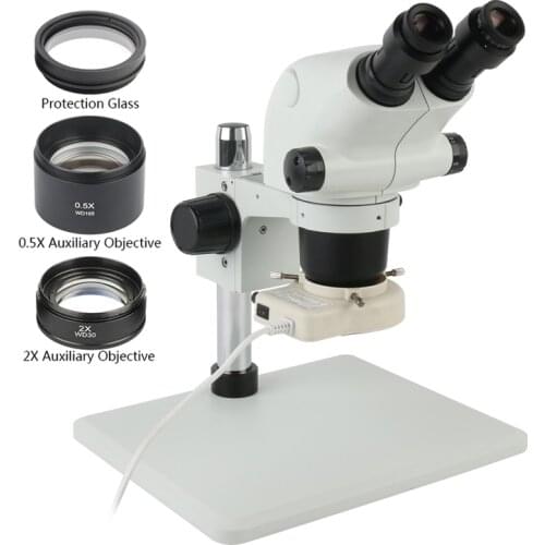 6.5X-65X 3.25X-130X Binocular Stereo Zoom Microscope Lab Microscope Lens + 0.5x 2.0x 1X Auxiliary Lens For Phone PCB Repair