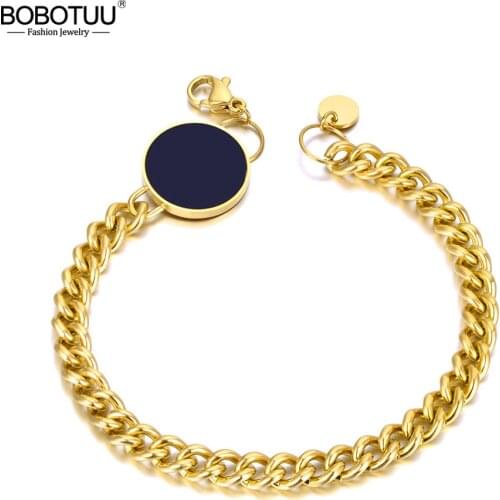 BOBOTUU 316L Stainless Steel Bohemia Black Acrylic Chain & Link Bracelets For Women Fashion Round Disc Charm Bracelet BB20144