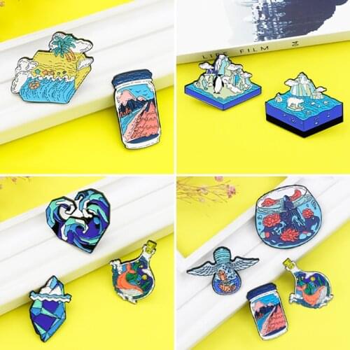 Cute Wave Ocean Sea Wave Penguin Polar bear Whale Enamel Pin Animal Beach Waves Holiday Ocean Brooches Lapel Jewelry for Kids