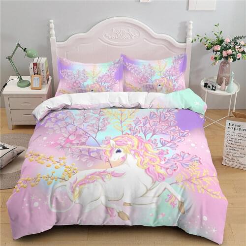 3D Unicorn Kids Duvet Cover Animal Print Bed Cover Pillowcase Girls Cartoon Lovely Quilt Cover 2/3 pc Home Decor Bedding Set