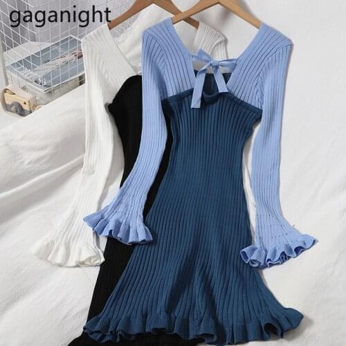 Gaganight Sweet Women Knitted Bodycon Party Dress Long Sleeve Ruffles Chic Korean Dresses Female Bandage Vestidos Patchwork 2020