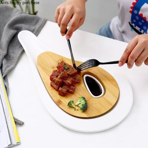 Ceramics Bamboo Wood Combination Steak Plate with Seasoning Dish Home Irregular Dinner Plate Pizza Plate Decorative Tableware