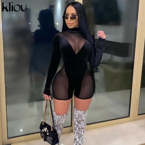 Kliou Velvet Mesh Zipper Bodycon Rompers Women Turtleneck Streetwear Active Sexy See Through Party Clubwear Slim Playsuits Hot
