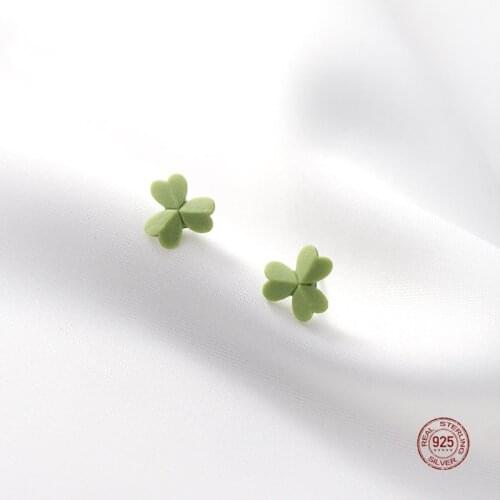 LKO 925 Sterling Silver Stud Earrings Grass Green Clover Element Small Fresh Ceramic Earrings Birthday Gift For Women Girls
