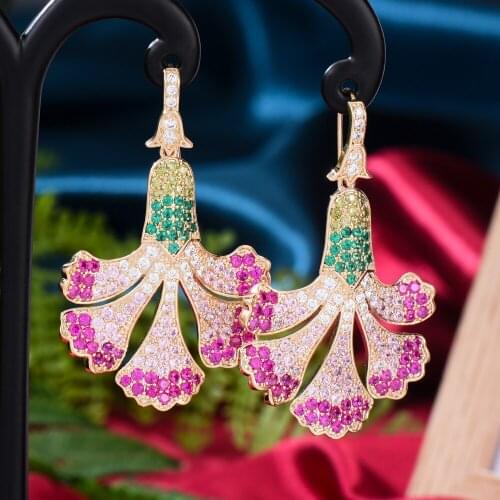 Trendy High Quality Luxury Ginkgo biloba Pendant Earrings for Women Fine Bridal Wedding Party Shiny Cubic Zircon Jewelry