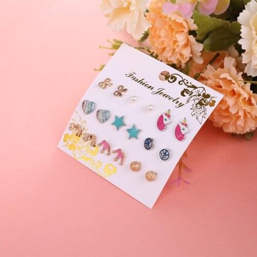 9 Pairs Cute Small Unicorn Butterfly Bowtie Stud Earrings Set For Kids Girls