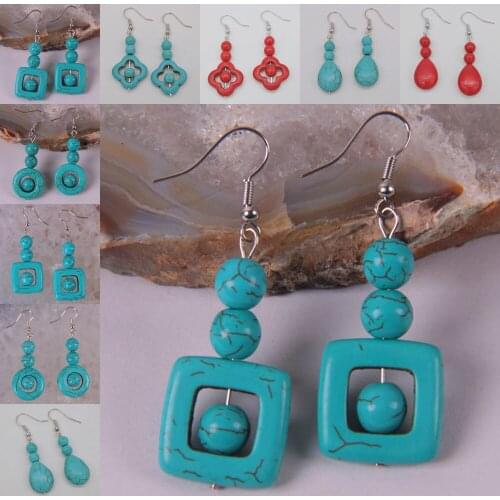 Natural Green Red Howlite Stone Beads Dangle GEM Earrings Fashion Jewelry For Gift T042-T047