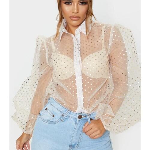 2020 Newest Hot Womens Puff Long Sleeve Casual OL Shirts Ladies Solid Color Gold Polka Dot See Through Party Office Tops Blouse