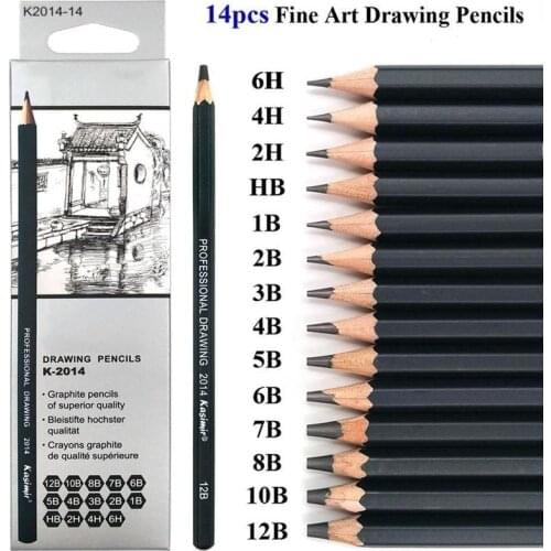 14Pcs/pack Drawing Pen Ultra Fine Line Marker Ink Black Sketch Pen 6H 4H 2H HB B 2B 3B 4 B 5B 6B 7B 8B 10B 12B Art Marker Pencil
