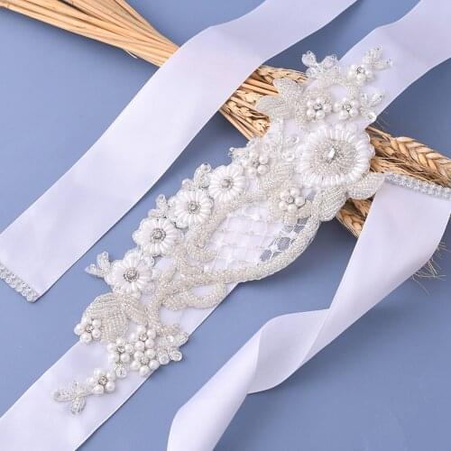ZMS91 Wedding Sash Pearl Wedding Satin Rhinestone Wedding Female belt Diamond Belts for Wedding Dress Belt Flowers for Dresses