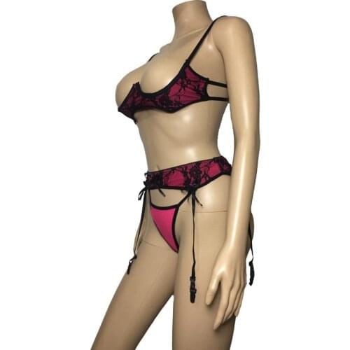 Sexy Bikini Baby Doll Erotic Lingerie Open Breast Cupless Embroidery Bra Top with Matching G-String Thong and Garter Belt