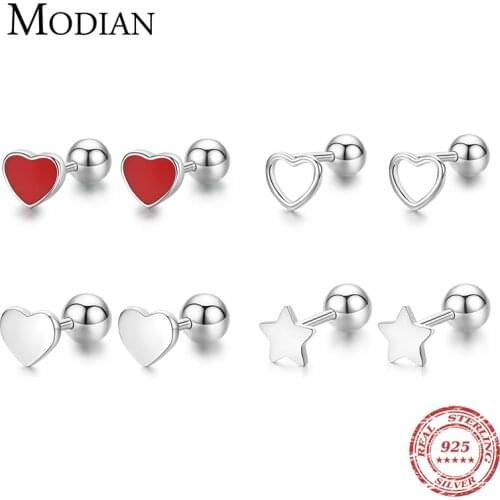 Modian 4 Style Minimalist Real 925 Sterling Silver Enamel Hearts Stars Screw Samll Stud Earrings For Women Girls Fine Jewelry
