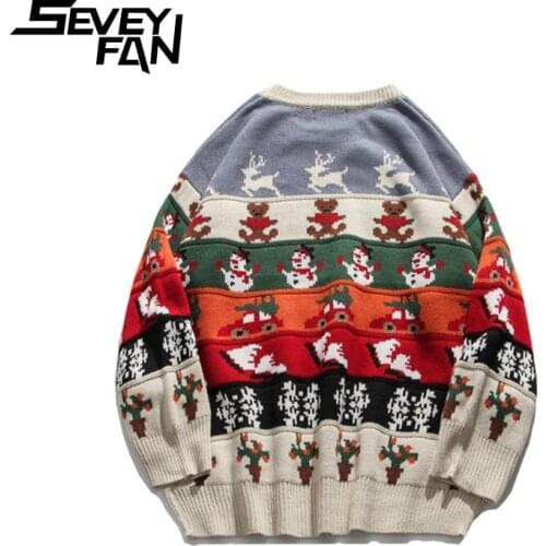 SEVEYFAN Mens Fashion Christmas Sweaters Bears Trees Snowman Knitwear Couples Casual Cotton Pullover