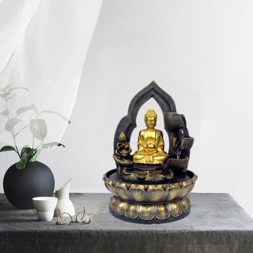 Resin Lotus Buddha Statue Led Fountain Feng Shui Figurines Home Office Desktop Decoration Meditation Space Resin Craft Ornaments