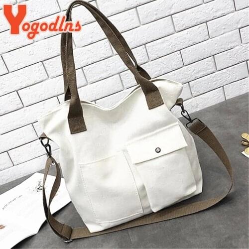 Yogodlns Simple Solid Canvas Tote Bags Women High Quality Big Capacity Shoulder Bags Large Handbags Girls Crossbody Shopping Bag