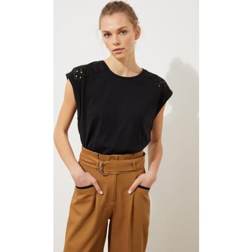 Trendyol Lace Detail Knitted Blouse ladies tops Casual Solid Regular Polyester Hollow Out plus size