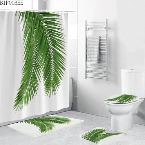 Coconut Leaves Pattern Bathroom Curtains Durable White Shower Curtain Green Leaf Flannel Bath Mats Toilet Cover Anti-slip Rug