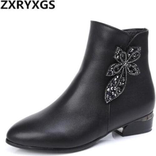 2021 New Spring Black Cowhide Leather Boots Large Size Fashion Rhinestone Women Boots Non-slip Comfort Plus Velvet Ankle Boots