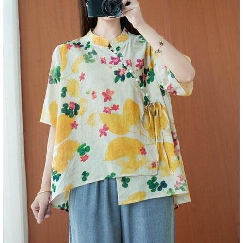 Women Summer Loose Casual Shirts New Arrival 2021 Vintage Style Stand Collar Floral Print Female Cotton Linen Tops B147