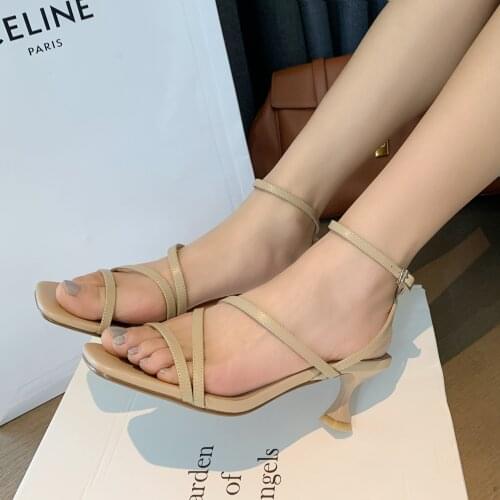 Osunlina Lady Sandals Genuine Leather Square Toe Thin 5.5cm High Heels Buckle Strap Footwear Handmade Elegant Shoes 2021 Summer