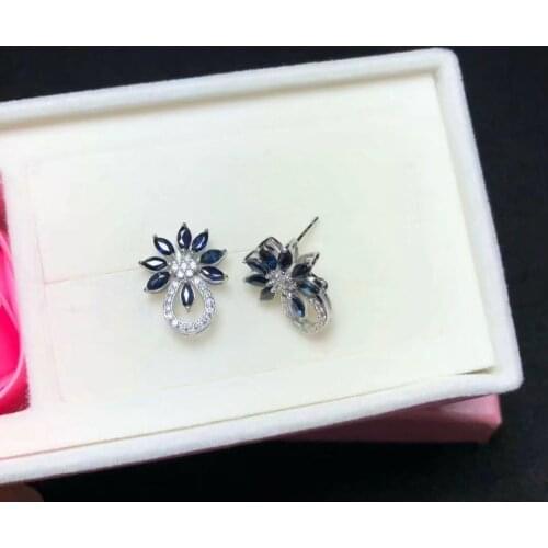 2018 new fashion sapphire earrings 100% natural dark blue stud earring for woman 925 solid sterling silver jewelry gift for girl