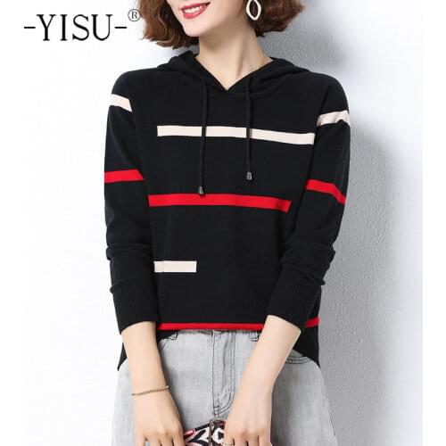 YISU Women Hooded collar Spring Sweater 2021 New Stripe Long sleeve Sweater Jumper Female Casual Thin section Knitted Pullover