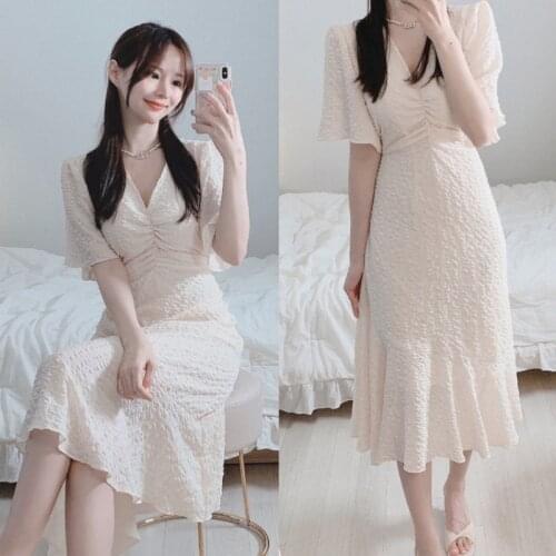 Korean Chic Summer Gentle Style Temperament V-Neck Trumpet Sleeve Folds Design Mid-length Fishtail Dress Female