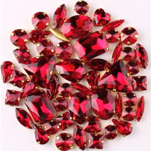 Gold claw setting 50pcs/bag shapes mix Dark red glass crystal sew on rhinestone wedding dress shoes bags diy trim
