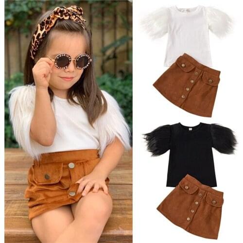 2020 Fashion Toddler Kid Baby Girls 2Pcs Clothes Sets Fur Short Sleeve Solid T Shirts Tops+A-Line Skirts 2pcs Outfits