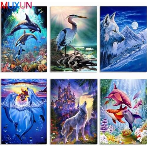 5D Diy Diamond Painting Seabed Dolphin Snow Mountain Wolf Wild Crane Diamond Embroidery Animal Cross Stitch Home Decor Rp546