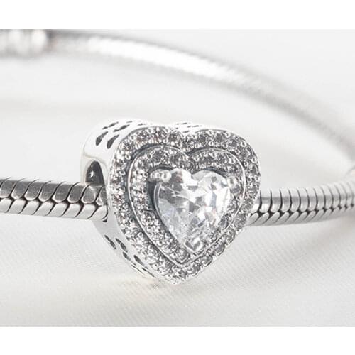 Authentic S925 Silver Charm Pave Heart Bead for Women Bracelet Bangle DIY Jewelry Girl Gift