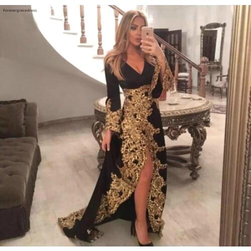 Black V Neck Long Sleeves Prom Dress Evening Dresses 2020 Gold Appliques Holiday Wear Formal Party Prom Gowns Plus Size