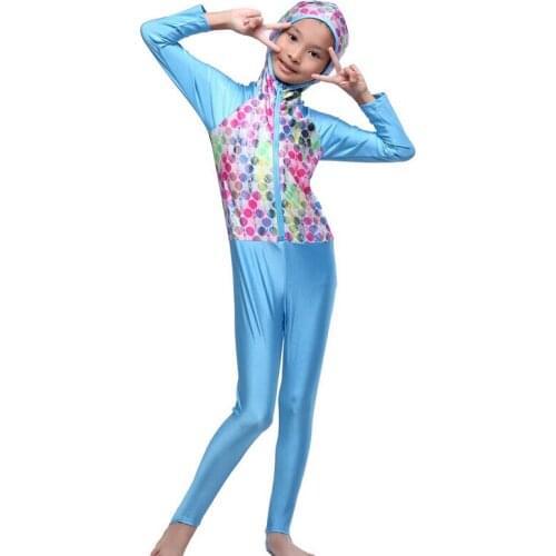 Children Girls Print Floral Swimwear Patchwork Bathing Clothing With Zipper High Quality One-piece Kids Girl Muslim Swim Suits