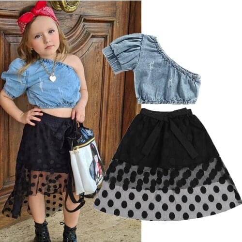 FOCUSNORM 0-5Y Summer Fashion Kids Girls Clothes Sets One Shoulder Blue Denim T Shirts Polka Dot Lace Tutu Skirts